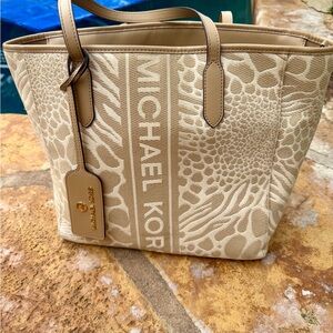 Michael Kors Cream and Tan Logo Jacquard Tote